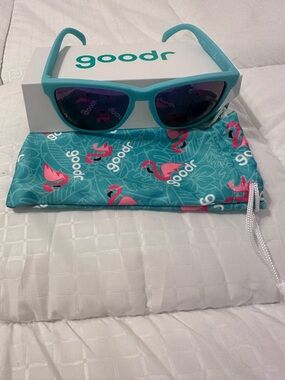 Goodr Teal Sunglasses with Flamingo Pouch